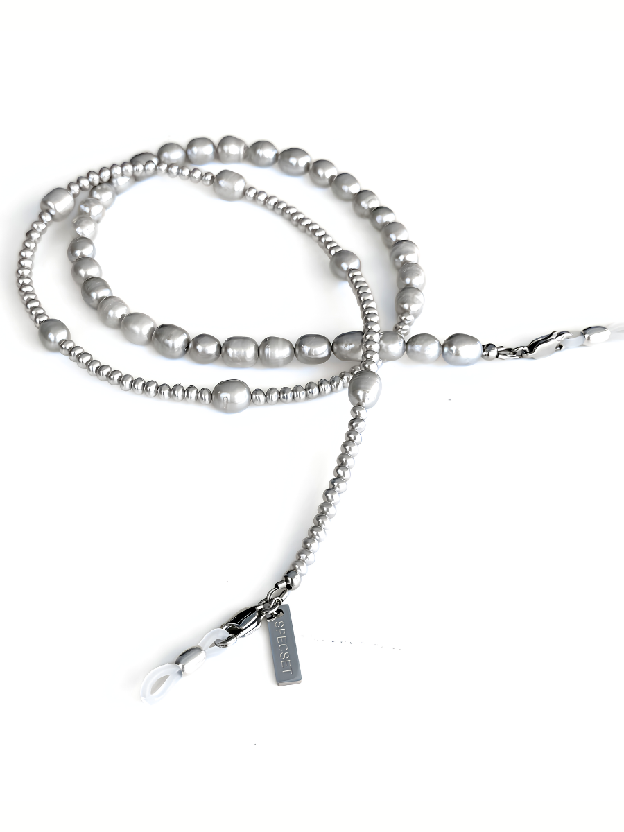 A full view of the gray freshwater pearl eyewear strap with silver-plated clasp ends, on a plain white background.