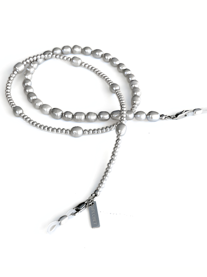 A full view of the gray freshwater pearl eyewear strap with silver-plated clasp ends, on a plain white background.