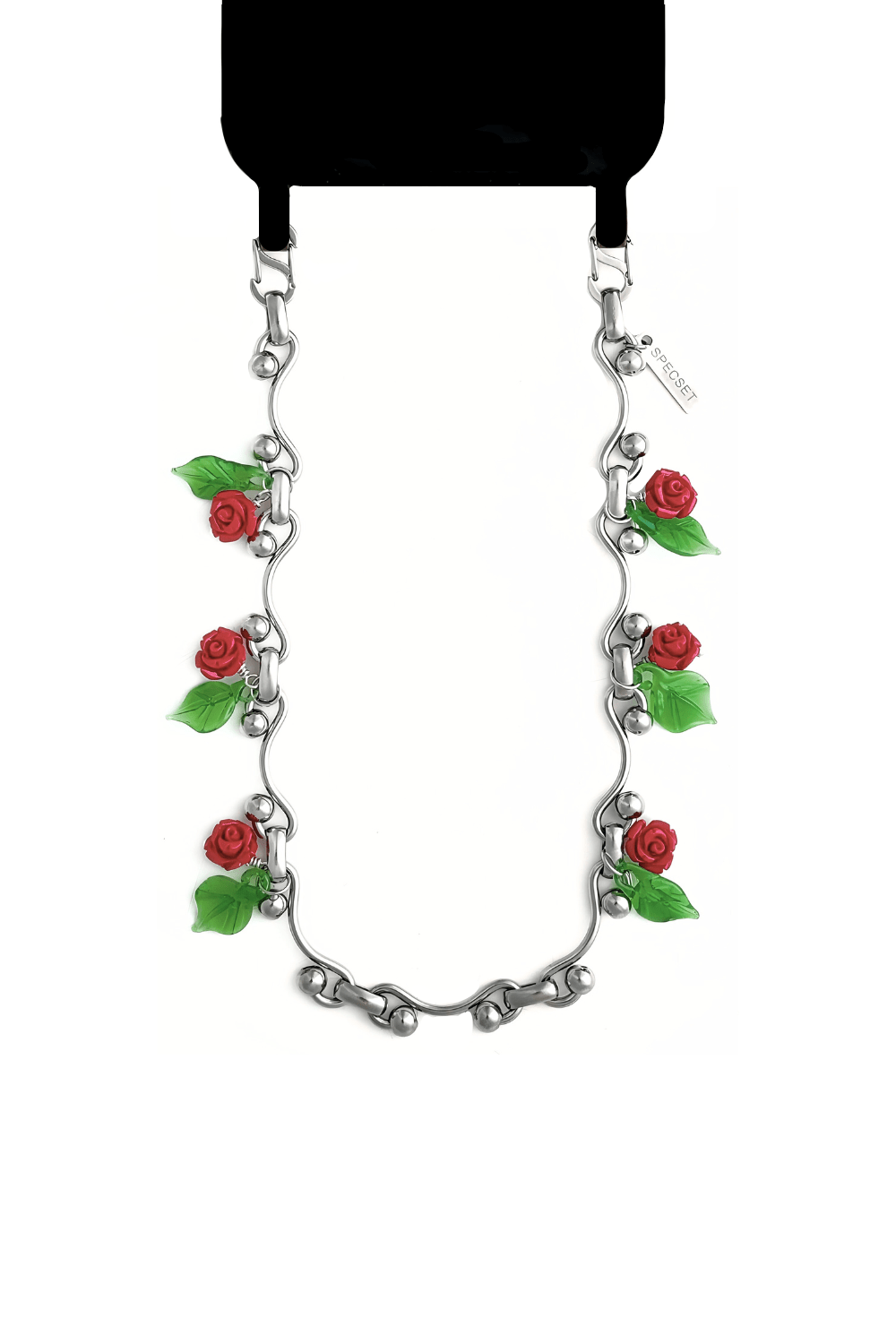 Red rose phone chain with silver chain and green leaves