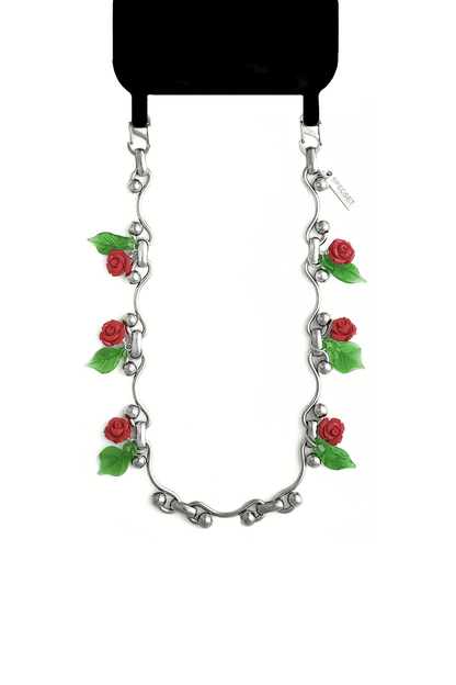 Red rose phone chain with silver chain and green leaves