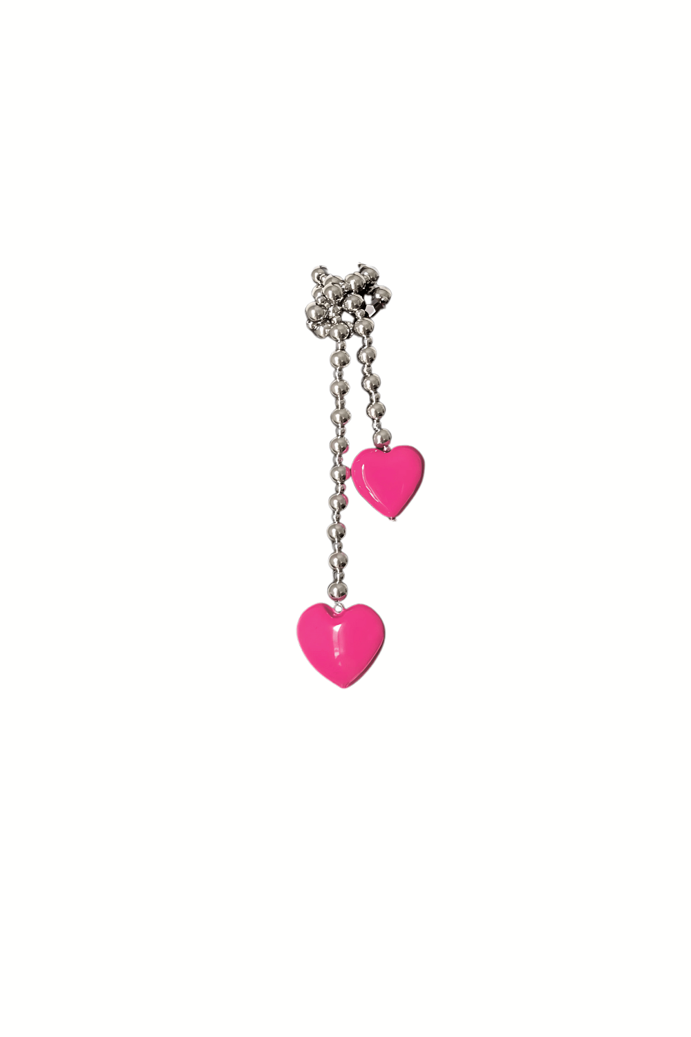 Silver beaded bag charm with pink hearts.