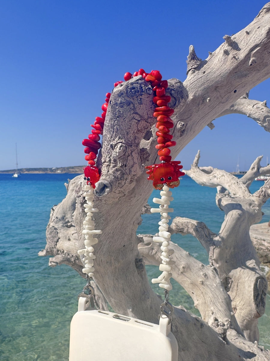 SHORE THING gemstone phone strap with natural gemstone chips and playful marine-inspired charms