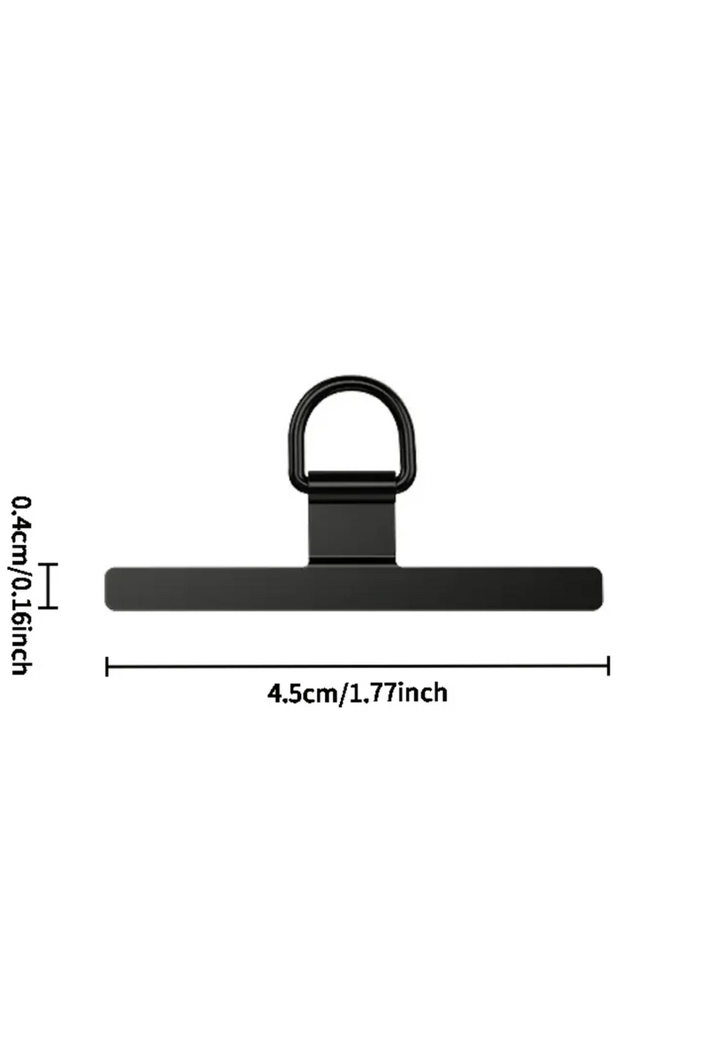 Black clip with measurements on a white background