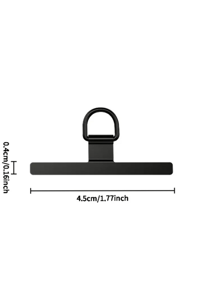 Black clip with measurements on a white background