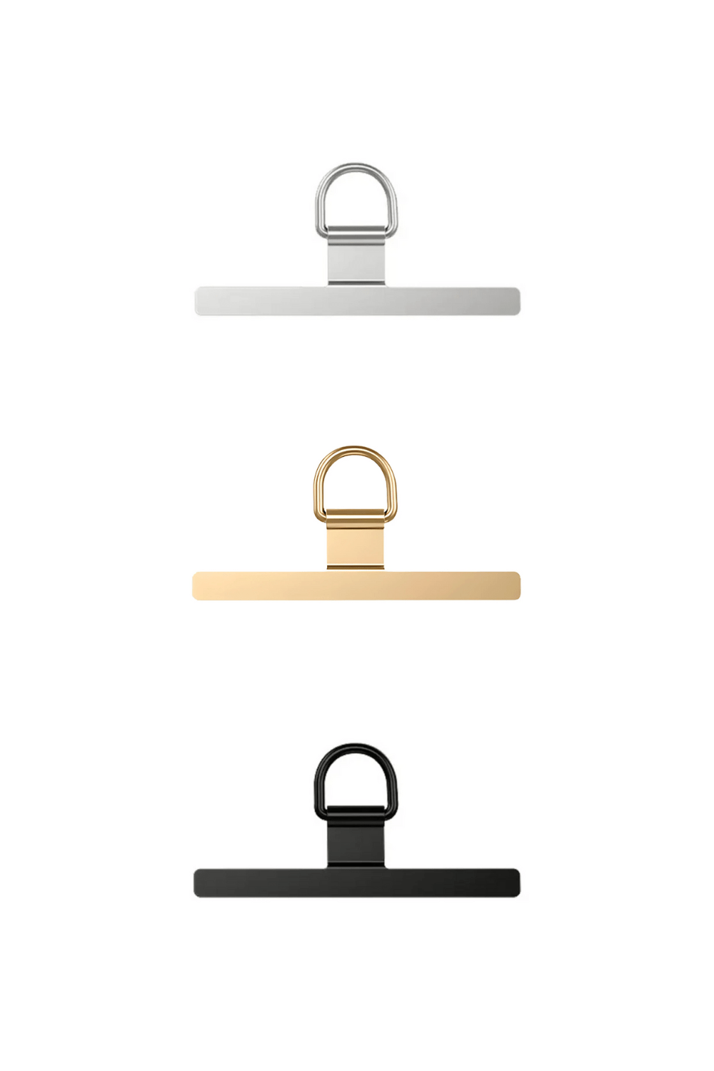 Set of three clips in white, gold, and black on a white background