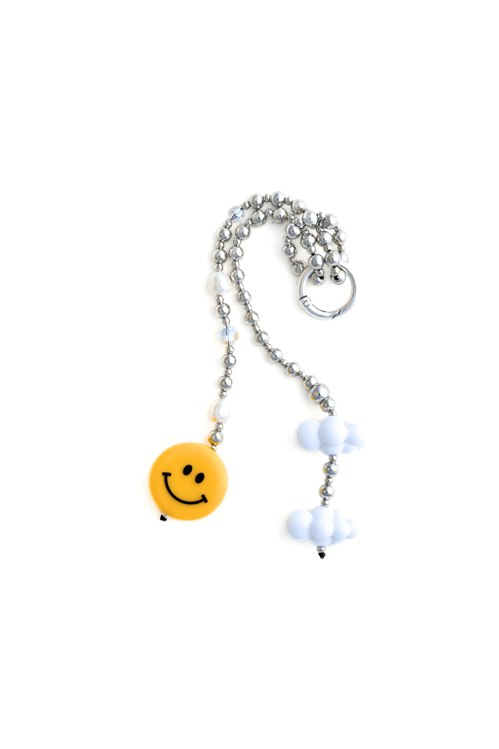 Close-up of the SMILEY silver beaded bag charm with cloud and smiley face charms on a white background.