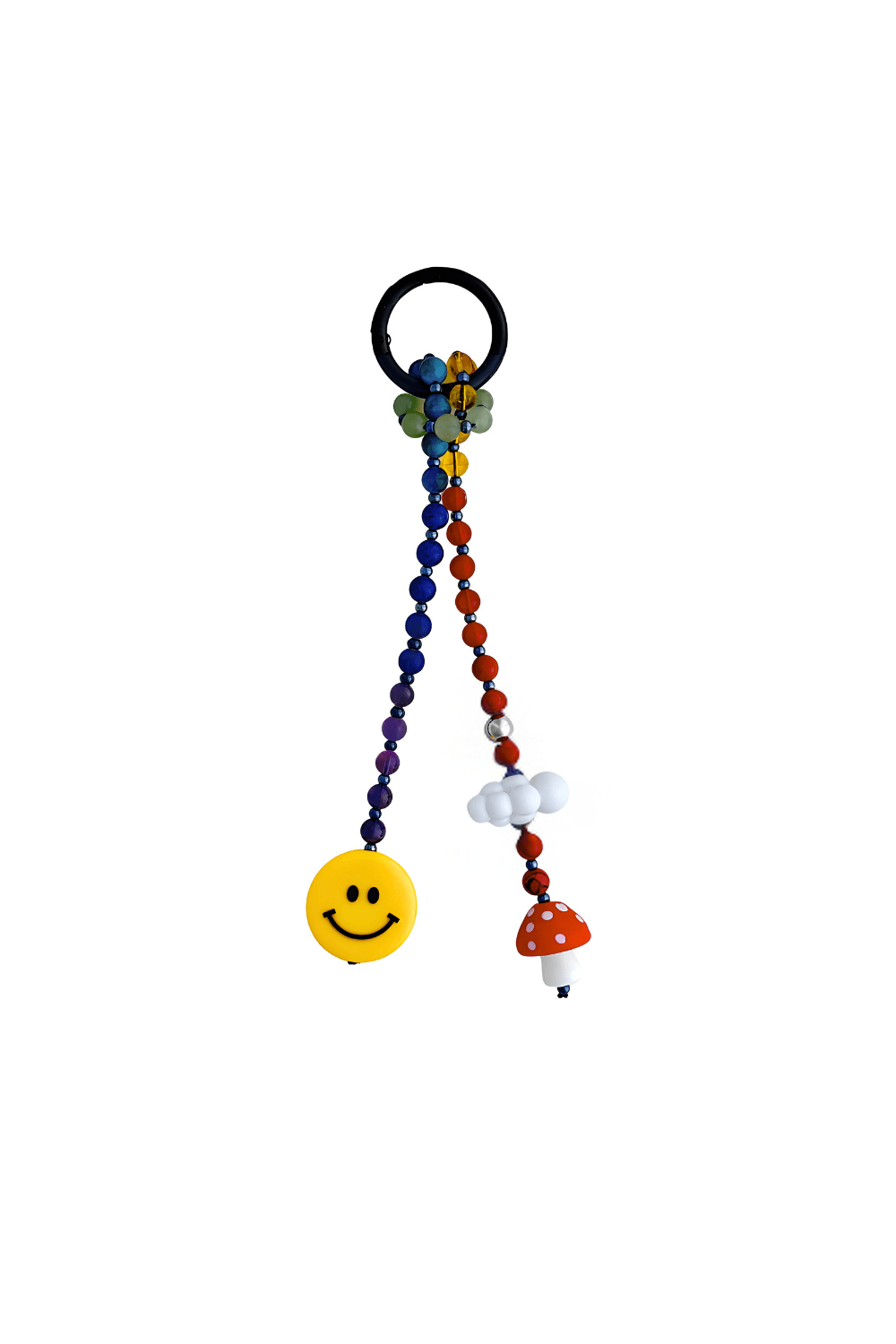 Detailed close-up of yellow smiley face, red mushroom, and cloud charm on beaded keychain.