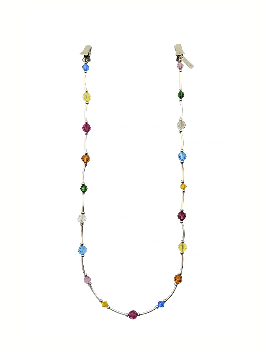 Full view of the SOCIALITE 70cm eyewear chain featuring silver-plated metal bars and colorful Swarovski crystals.