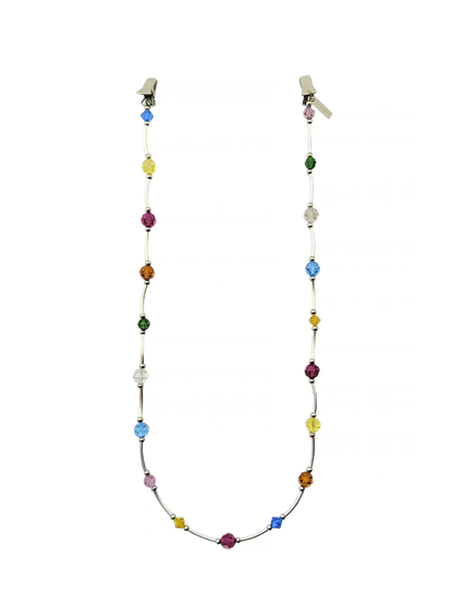 Full view of the SOCIALITE 70cm eyewear chain featuring silver-plated metal bars and colorful Swarovski crystals.