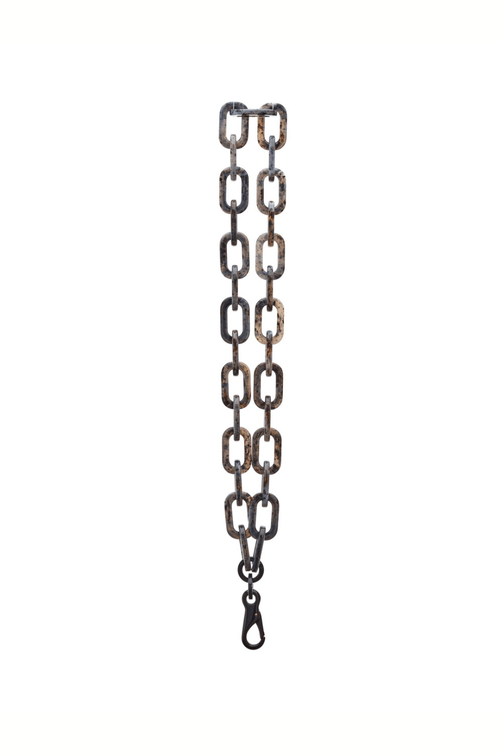 Full-view of the STATELY Phone Necklace, featuring the gray tortoise-shell chain and the black acrylic clasp.