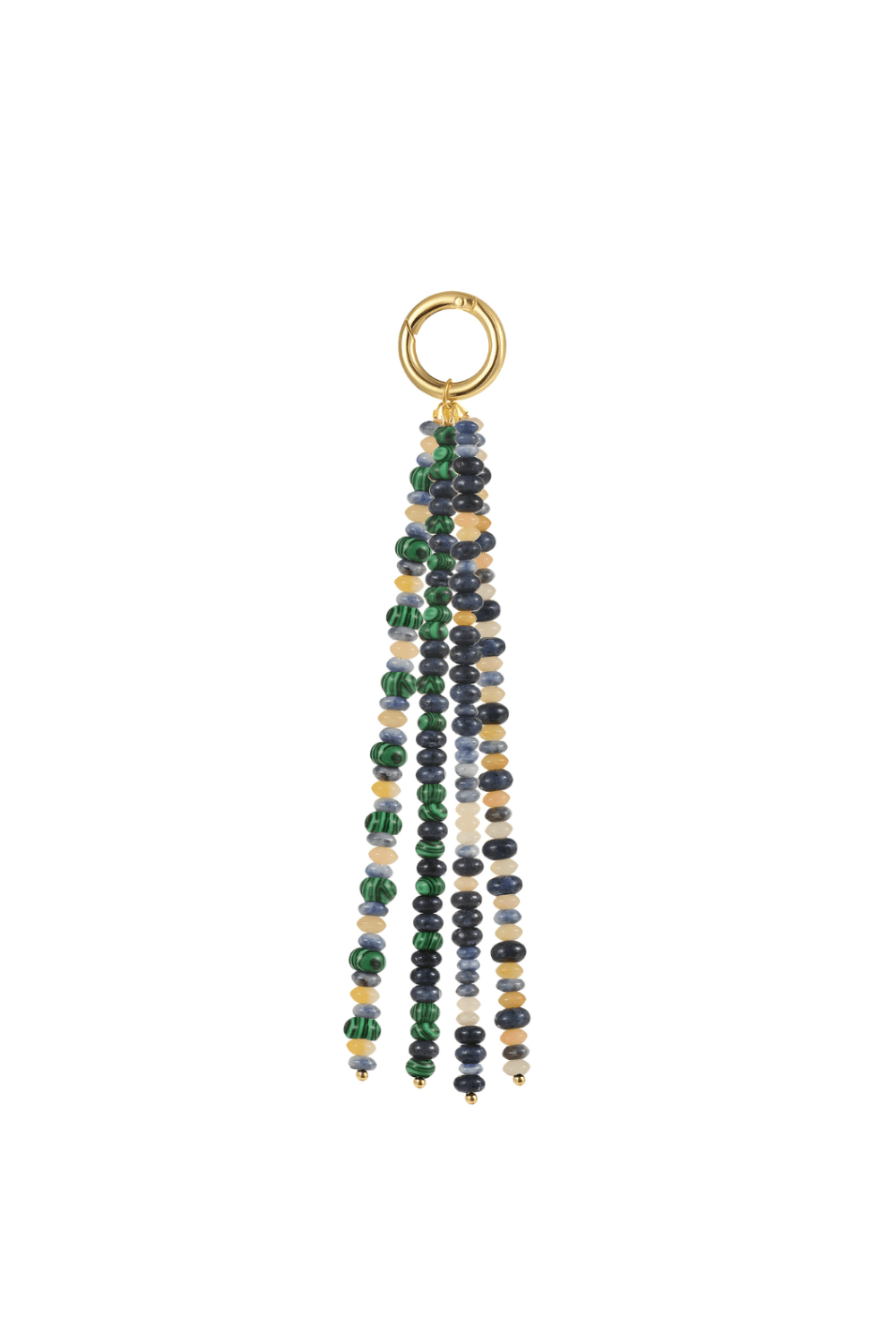 Luxurious Stone Drop Tassel Bag Charm. Features rich multicolor gemstone beads hanging from a bold, polished Gold O-Ring Clasp.