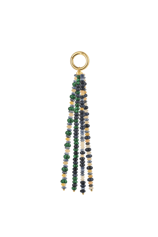 Luxurious Stone Drop Tassel Bag Charm. Features rich multicolor gemstone beads hanging from a bold, polished Gold O-Ring Clasp.