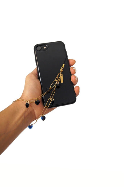 TRUE LOVE - GOLD Blue Heart Crystals Phone Chain | SPECSET