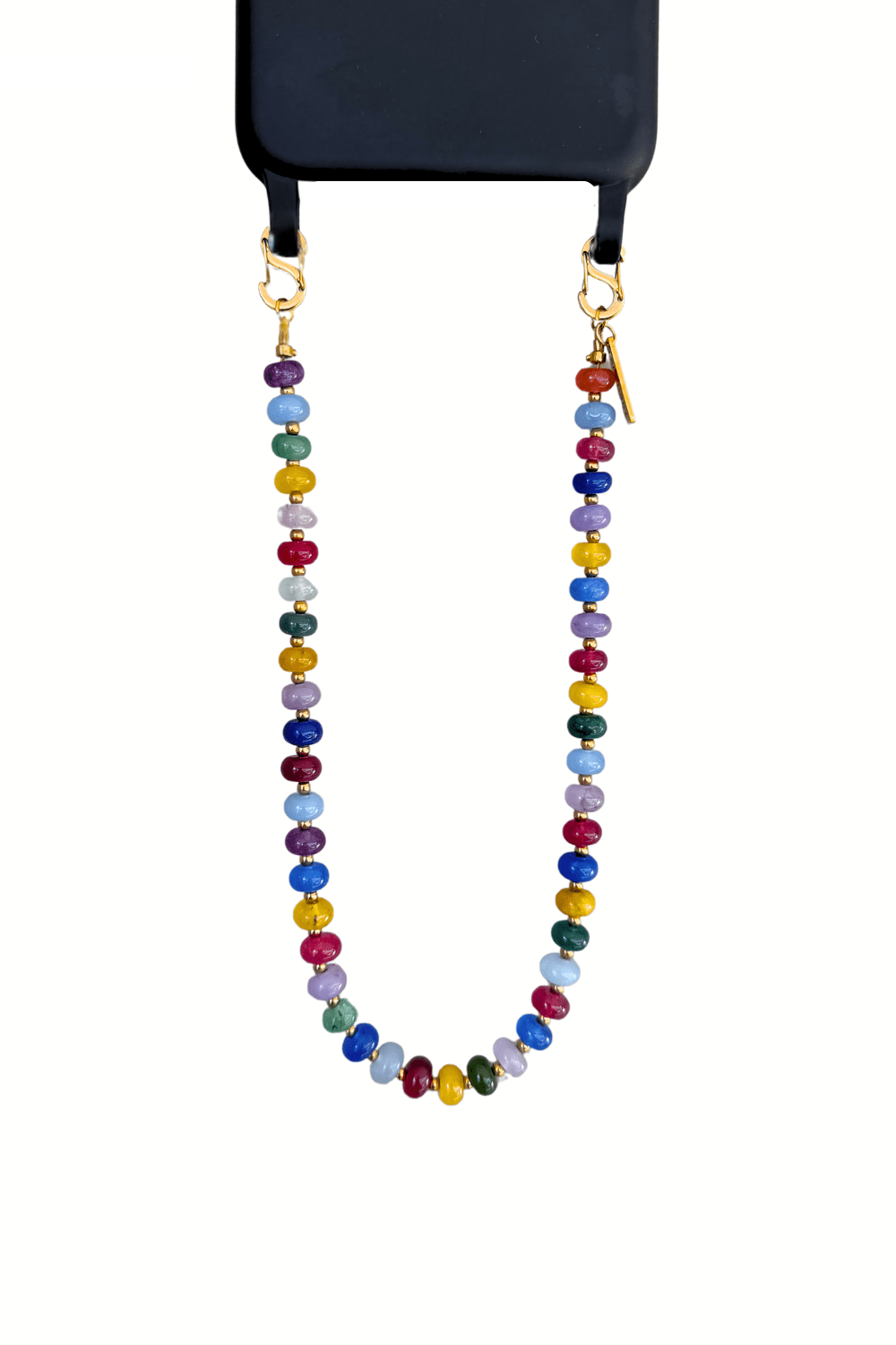 SPECSET Vivid Way phone strap, featuring a colorful collection of polished multicolor gemstones with gold-tone hardware.