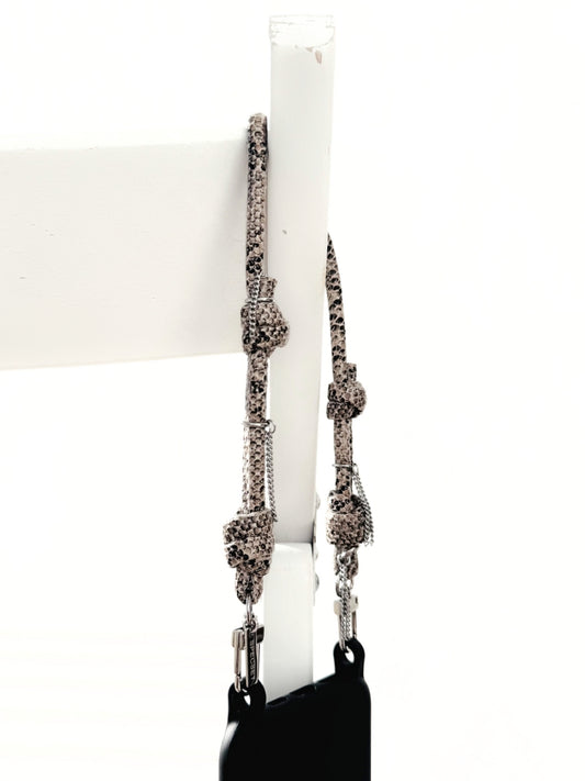 Wild Ritual snake skin leather wrist phone strap with handcrafted knots and silver fringe chains